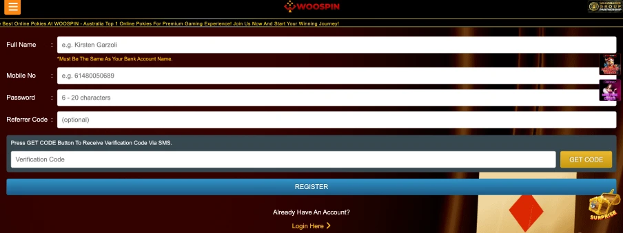 New Player Registration Form at WooSpin Casino New Player Registration Form at WooSpin Casino